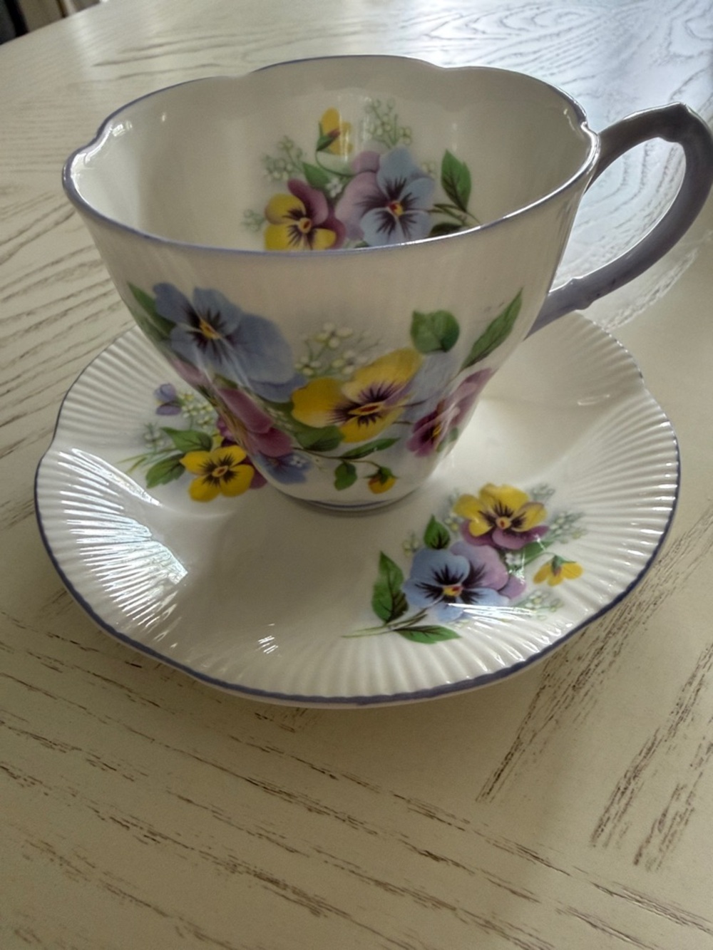 Royal Albert Floral Pansy Teacup and Saucer in Purple, Yellow, Green